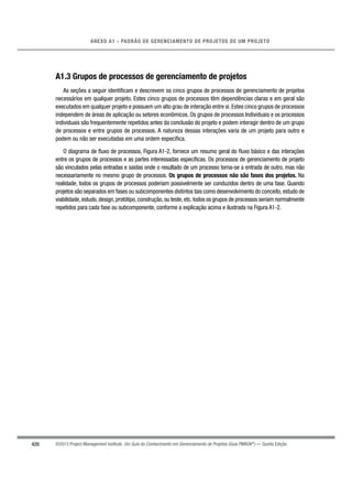 420
ANEXO A1 - PADRÃO DE GERENCIAMENTO DE PROJETOS DE UM PROJETO
©2013 Project Management Institute. Um Guia do Conhecimento em Gerenciamento de Projetos (Guia PMBOK®
) — Quinta Edição
A1.3 Grupos de processos de gerenciamento de projetos
As seções a seguir identiﬁcam e descrevem os cinco grupos de processos de gerenciamento de projetos
necessários em qualquer projeto. Estes cinco grupos de processos têm dependências claras e em geral são
executados em qualquer projeto e possuem um alto grau de interação entre si.Estes cinco grupos de processos
independem de áreas de aplicação ou setores econômicos. Os grupos de processos Individuais e os processos
individuais são frequentemente repetidos antes da conclusão do projeto e podem interagir dentro de um grupo
de processos e entre grupos de processos. A natureza dessas interações varia de um projeto para outro e
podem ou não ser executadas em uma ordem especíﬁca.
O diagrama de ﬂuxo de processos, Figura A1-2, fornece um resumo geral do ﬂuxo básico e das interações
entre os grupos de processos e as partes interessadas especíﬁcas. Os processos de gerenciamento de projeto
são vinculados pelas entradas e saídas onde o resultado de um processo torna-se a entrada de outro, mas não
necessariamente no mesmo grupo de processos. Os grupos de processos não são fases dos projetos. Na
realidade, todos os grupos de processos poderiam possivelmente ser conduzidos dentro de uma fase. Quando
projetos são separados em fases ou subcomponentes distintos tais como desenvolvimento do conceito,estudo de
viabilidade,estudo,design,protótipo,construção,ou teste,etc.todos os grupos de processos seriam normalmente
repetidos para cada fase ou subcomponente, conforme a explicação acima e ilustrada na Figura A1-2.
 