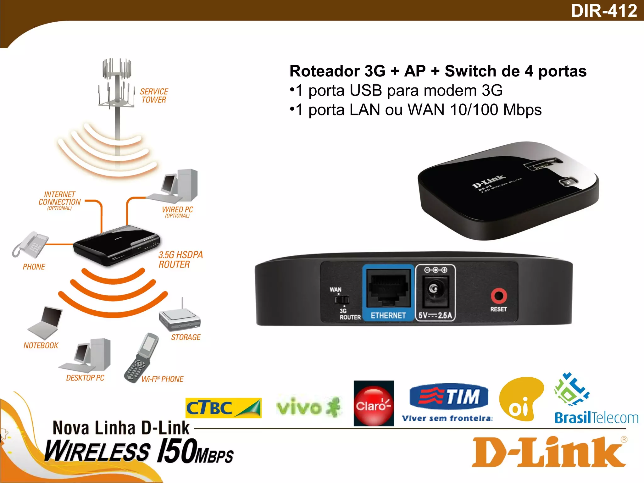 DIR-412
Roteador 3G + AP + Switch de 4 portas
•1 porta USB para modem 3G
•1 porta LAN ou WAN 10/100 Mbps
 