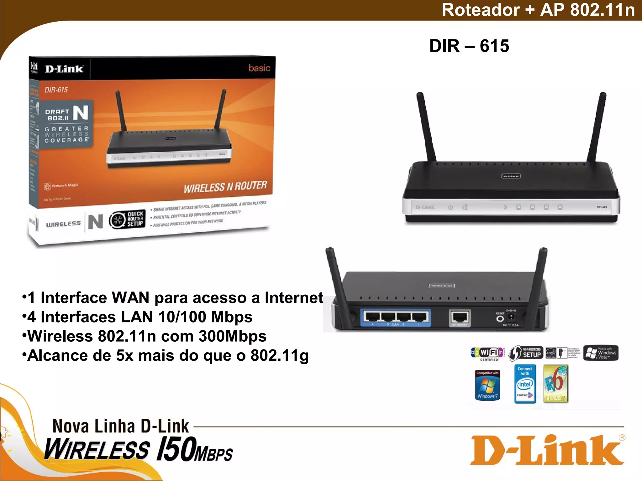 DIR – 615
Roteador + AP 802.11n
•1 Interface WAN para acesso a Internet
•4 Interfaces LAN 10/100 Mbps
•Wireless 802.11n com 300Mbps
•Alcance de 5x mais do que o 802.11g
 