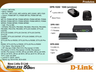 DPR-1020/ 1040 (wireless)
1 porta USB 2.0
Black Piano
DPR-1061
2 USB 2.0,
1 Paralela
MFP
Produtos
+ Avision: MF3100L
+ Benq: CM3000
+ Bro ther : MFC-210C, MFC-420CN, MFC-3240C, MFC-7220
+ Canon: PIXMA MP110, PIXMA MP150, PIXMA MP160,
PIXMA
MP170, PIXMA MP180, PIXMA MP450, PIXMA MP460, PIXMA
MP500, PIXMA MP510, PIXMA MP600, PIXMA MP810, PIXMA
MP830, PIXMA MP950, PIXMA MP960
+ Dell : Pho to 966
+ EPSON: PM-A970, PM-A920, PM-A820, PM-A720, PM-A950,
PM-A890, PM-A750, PM-A650, STYLUS CX2900, STYLUS
CX3700,
STYLUS CX3900, STYLUS CX4100, STYLUS CX4700,
STYLUS
CX4900, STYLUS CX5700F, STYLUS CX5900, STYLUS
CX6900F,
STYLUS Pho to RX530, STYLUS Pho to RX580, STYLUS Pho
to
RX590, STYLUS Pho to RX630, STYLUS Pho to RX650
+ Fuj i Xerox : Wor kCentre 3119
+ HP: Des kje t F380, PSC1315, Pho tosmar t C1350,
Pho tosmar t C1610, Pho tosmar t C3180, Pho tosmar t
C4180, Pho tosmar t C5180, Off ice Jet 4255, Off ice Jet 4355,
Off ice Jet 5510, Off ice Jet 5610, Off ice Jet 6110, Off ice Jet
7210, Laser Jet 3050
+ Lexmar k: x3470, x5470
+ Samsu ng: SCX-4100, SCX-4200
DPR-2000
4 USB 2.0,
802.11g
MFP
 