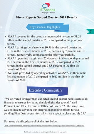 IT Shades
Engage & Enable
7
Feel free to contact us at marketing@itshades.com for any queries
Key Financial Highlights
Fiserv Reports Second Quarter 2019 Results
• GAAP revenue for the company increased 6 percent to $1.51
billion in the second quarter of 2019 compared to the prior year
period.
• GAAP earnings per share was $0.56 in the second quarter and
$1.12 in the first six months of 2019, decreasing 7 percent and 30
percent, respectively, compared to the prior year periods.
• GAAP operating margin was 25.4 percent in the second quarter and
25.1 percent in the first six months of 2019 compared to 25.2
percent in the second quarter and 33.8 percent in the first six
months of 2018.
• Net cash provided by operating activities was $579 million in the
first six months of 2019 compared to $613 million in the first six
months of 2018.
Executive Commentary
"We delivered stronger than expected second quarter results across all
financial measures including double-digit sales growth," said
President and Chief Executive Officer of Fiserv. "At the same time,
we continue to advance our integration planning efforts for our
pending First Data acquisition which we expect to close on July 29."
For more details, please click the link below:
https://newsroom.fiserv.com/news-releases/news-release-details/fiserv-reports-second-quarter-2019-results
 