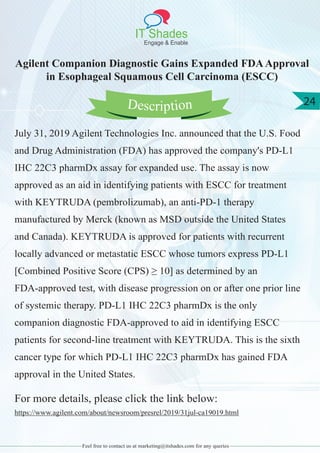 IT Shades
Engage & Enable
24
Feel free to contact us at marketing@itshades.com for any queries
Agilent Companion Diagnostic Gains Expanded FDAApproval
in Esophageal Squamous Cell Carcinoma (ESCC)
July 31, 2019 Agilent Technologies Inc. announced that the U.S. Food
and Drug Administration (FDA) has approved the company's PD-L1
IHC 22C3 pharmDx assay for expanded use. The assay is now
approved as an aid in identifying patients with ESCC for treatment
with KEYTRUDA (pembrolizumab), an anti-PD-1 therapy
manufactured by Merck (known as MSD outside the United States
and Canada). KEYTRUDA is approved for patients with recurrent
locally advanced or metastatic ESCC whose tumors express PD-L1
[Combined Positive Score (CPS) ≥ 10] as determined by an
FDA-approved test, with disease progression on or after one prior line
of systemic therapy. PD-L1 IHC 22C3 pharmDx is the only
companion diagnostic FDA-approved to aid in identifying ESCC
patients for second-line treatment with KEYTRUDA. This is the sixth
cancer type for which PD-L1 IHC 22C3 pharmDx has gained FDA
approval in the United States.
For more details, please click the link below:
https://www.agilent.com/about/newsroom/presrel/2019/31jul-ca19019.html
Description
 