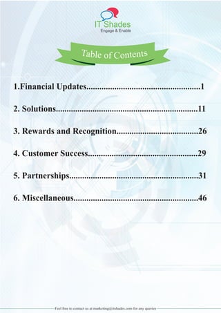 IT Shades
Engage & Enable
1.Financial Updates.....................................................1
2. Solutions..................................................................11
3. Rewards and Recognition......................................26
4. Customer Success...................................................29
5. Partnerships............................................................31
6. Miscellaneous..........................................................46
Feel free to contact us at marketing@itshades.com for any queries
Table of Contents
 