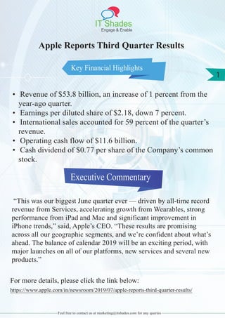 IT Shades
Engage & Enable
1
Feel free to contact us at marketing@itshades.com for any queries
Key Financial Highlights
Apple Reports Third Quarter Results
• Revenue of $53.8 billion, an increase of 1 percent from the
year-ago quarter.
• Earnings per diluted share of $2.18, down 7 percent.
• International sales accounted for 59 percent of the quarter’s
revenue.
• Operating cash flow of $11.6 billion.
• Cash dividend of $0.77 per share of the Company’s common
stock.
Executive Commentary
“This was our biggest June quarter ever — driven by all-time record
revenue from Services, accelerating growth from Wearables, strong
performance from iPad and Mac and significant improvement in
iPhone trends,” said, Apple’s CEO. “These results are promising
across all our geographic segments, and we’re confident about what’s
ahead. The balance of calendar 2019 will be an exciting period, with
major launches on all of our platforms, new services and several new
products.”
For more details, please click the link below:
https://www.apple.com/in/newsroom/2019/07/apple-reports-third-quarter-results/
 