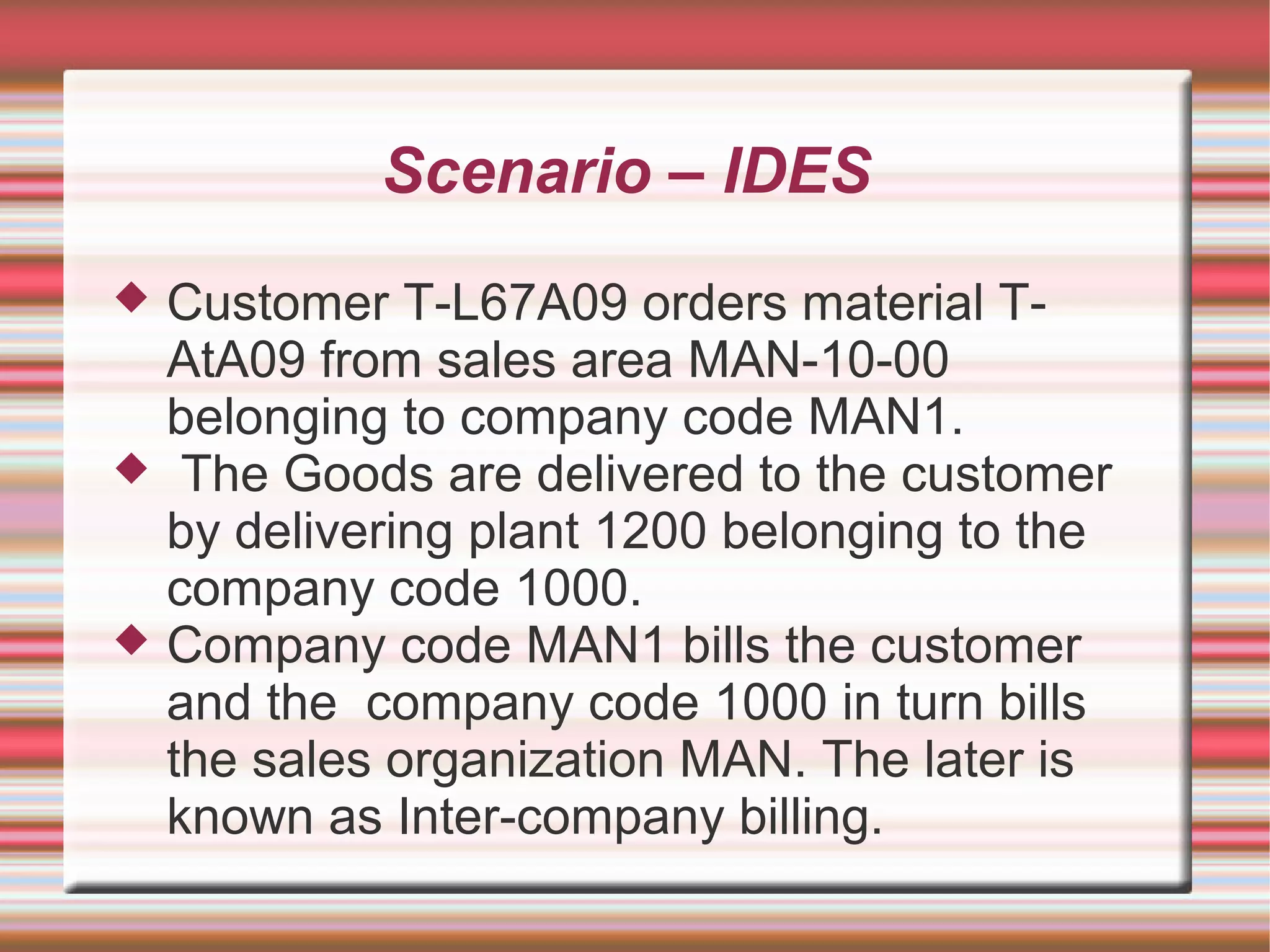 Scenario – IDES
 Customer T-L67A09 orders material T-
AtA09 from sales area MAN-10-00
belonging to company code MAN1.
 The Goods are delivered to the customer
by delivering plant 1200 belonging to the
company code 1000.
 Company code MAN1 bills the customer
and the company code 1000 in turn bills
the sales organization MAN. The later is
known as Inter-company billing.
 