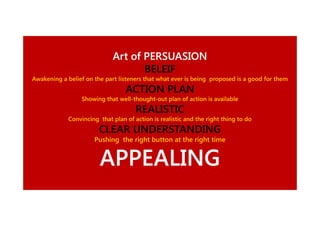 Art of PERSUASION
BELEIF
Awakening a belief on the part listeners that what ever is being proposed is a good for them

ACTION PLAN
Showing that well-thought-out plan of action is available
well-thought-

REALISTIC
Convincing that plan of action is realistic and the right thing to do

CLEAR UNDERSTANDING
Pushing the right button at the right time

APPEALING

 