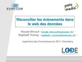 Réconcilier les évènements dans le web des données HoudaKhrouf<houda.khrouf@eurecom.fr> RaphaëlTroncy<raphael.troncy@eurecom.fr>  Ingénierie des Connaissances 2011, Chambéry 