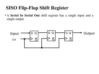 SISO Flip-Flop Shift Register
• A Serial In Serial Out shift register has a single input and a
single output
D Q
Q
D Q
Q
D Q
Q
Input Output
CLK
 