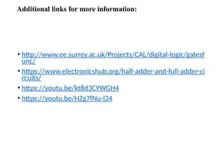 Additional links for more information:
• http://www.ee.surrey.ac.uk/Projects/CAL/digital-logic/gatesf
unc/
• https://www.electronicshub.org/half-adder-and-full-adder-ci
rcuits/
• https://youtu.be/kt8d3CYWGH4
• https://youtu.be/HZg7fNu-l24
 
