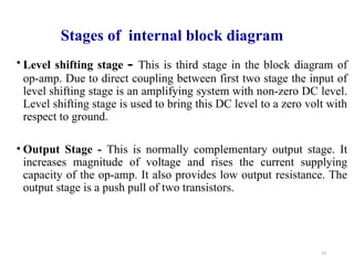14
Stages of internal block diagram
• Level shifting stage - This is third stage in the block diagram of
op-amp. Due to direct coupling between first two stage the input of
level shifting stage is an amplifying system with non-zero DC level.
Level shifting stage is used to bring this DC level to a zero volt with
respect to ground.
• Output Stage - This is normally complementary output stage. It
increases magnitude of voltage and rises the current supplying
capacity of the op-amp. It also provides low output resistance. The
output stage is a push pull of two transistors.
 