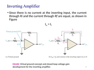 38
Inverting Amplifier
• Since there is no current at the inverting input, the current
through Ri and the current through Rf are equal, as shown in
Figure
Iin = If
FIGURE: Virtual ground concept and closed loop voltage gain
development for the inverting amplifier.
 