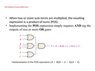 The Product-of-Sums (POS) Form
• When two or more sum terms are multiplied, the resulting
expression is a product-of-sums (POS).
• Implementing the POS expression simply requires AND ing the
outputs of two or more OR gates
 