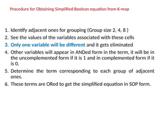 Procedure for Obtaining Simplified Boolean equation from K-map
1. Identify adjacent ones for grouping (Group size 2, 4, 8 )
2. See the values of the variables associated with these cells
3. Only one variable will be different and it gets eliminated
4. Other variables will appear in ANDed form in the term, it will be in
the uncomplemented form if it is 1 and in complemented form if it
is 0.
5. Determine the term corresponding to each group of adjacent
ones.
6. These terms are ORed to get the simplified equation in SOP form.
 
