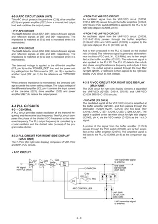4-2-5 APC CIRCUIT (MAIN UNIT)                                              • FROM THE VHF-VCO CIRCUIT
The APC circuit protects the pre-drive (Q21), drive amplifier              An oscillated signal from the VHF-VCO circuit (Q1038,
(Q25) and power amplifier (Q27) from a mismatched output                   D1014, D1015) passes through the buffer amplifiers (Q1043,
load and stabilizes the output power.                                      Q1016) and VCO switch (D1023) is applied to the PLL IC for
                                                                           right side display (IC1008, pin 8)
• VHF APC CIRCUIT
The SWR detector circuit (D57, D61) detects forward signals                • FROM THE UHF-VCO CIRCUIT
and reflection signals at D57 and D61 respectively. The                    An oscillated signal from the UHF-VCO circuit (Q1038,
impedance is matched at 50 Ω and is increased when it is                   D1016–D1018) passes through the buffer amplifiers
mismatched.                                                                (Q1044,Q1016) and VCO switch (D1023) is applied to the
                                                                           right side diplayed PLL IC (IC1008, pin 8)
• UHF APC CIRCUIT
The SWR detector circuit (D50, D58) detects forward signals                And is then prescaled in the PLL IC based on the divided
and reflection signals at D50 and D58 respectively. The                    ratio (N-data). The reference signal is generated at the refen-
impedance is matched at 50 Ω and is increased when it is                   rece oscillator (VCO unit; X1, 12.8 MHz), and is then ampli-
mismatched.                                                                fied at the buffer amplifier (Q1012). The reference signal is
                                                                           also applied to the PLL IC. The PLL IC detects the out-of-
The detected voltage is applied to the diffrential amplifier               step phase using the reference frequency and outputs it from
(IC2, pin 3) via the “POWER_DET” line, and the power set-                  pin 16. The output signal is passed through the loop filter
ting voltage from the D/A convertor (IC1, pin 12) is applied to            (Q1020, Q1021, D1008) and is then applied to the right side
another input (IC2, pin 1) for the reference as “PWRCON”                   display VCO circuit as lock voltage.
line.

When antenna impedance is mismatched, the detected volt-                   4-3-3 R-VCO CIRCUIT FOR RIGHT SIDE DISPLAY
age exceeds the power setting voltage. The output voltage of                     (MAIN UNIT)
the differential amplifier (IC2, pin 4) controls the input current         The VCO circuit for right side display contains a separated
of the pre-drive (Q21), drive amplifier (Q25) and power                    the VHF-VCO (Q1038, D1014, D1015) and UHF-VCO
amplifier (Q27) to reduce the output power.                                (Q1039, D1016–D1018) circuits.

                                                                           • VHF-VCO (RX ONLY)
                                                                           The oscillated signal at the VHF-VCO circuit is amplified at
4-3 PLL CIRCUITS                                                           the buffer amplifier (Q1043), and then passes through the
4-3-1 GENERAL                                                              attenuator (R2209–R2211, C2123) and low-pass filter
A PLL circuit provides stable oscillation of the transmit fre-             (L1045, L1046, C1207, C1249, C1250, C1289, C1304). The
quency and the receive local frequency. The PLL circuit com-               signal is applied to the 1st mixer circuit for right side display
pares the phase of the divided VCO frequency to the refer-                 (IC1006, pin 4) via the VCO switch (D1028) as the 1st LO
ence frequency. The PLL output frequency is controlled by a                signal.
crystal oscillator and the divided ratio (N-data) of the pro-
grammable divider.                                                         A portion of the signal from the buffer amplifier (Q1043)
                                                                           passes through the VCO swtich (D1023), and is then ampli-
                                                                           fied at the buffer amplifier (Q1016). The amplified signal is
4-3-2 PLL CIRCUIT FOR RIGHT SIDE DISPLAY                                   fed back to the PLL IC (IC1008, pin 8) as the comparison sig-
                                                                           nal.
      (MAIN UNIT)
The R-VCO (for right side display) composes of VHF-VCO
and UHF-VCO circuits.


• APC CIRCUIT


                       Q21                      Q27                                                        VHF transmitter signal
                                  Q25                                                                      to antenna
                  Buff.      Pre        Drive         TX
                  amp.       drive      amp.          SW                                                   VHF SWR
     RF signal                                                                PWRCON                       DETECTOR
     from PLL circuit                                                                                      (D57, D61)
                                                                              8V
                                                                       Q22
                                                                                    TXC
                                                              IC2


                                                               APC CONTROLLER
                                                                                                         UHF SWR
                                                                                                         DETECTOR
                                                                                                         (D50, D58)

                                                                                                           UHF transmitter signal
                                                                                                           to antenna




                                                                     4-6
 
