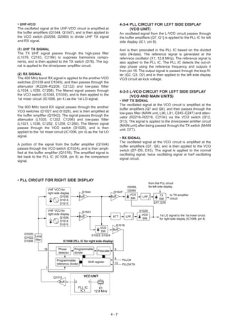 • UHF-VCO                                                                               4-3-4 PLL CIRCUIT FOR LEFT SIDE DISPLAY
The oscillated signal at the UHF-VCO circuit is amplified at                                  (VCO UNIT)
the buffer amplifiers (Q1044, Q1047), and is then applied to                            An oscillated signal from the L-VCO circuit passes through
the VCO switch (D2059, D2060) to divide UHF TX signal                                   the buffer amplifiers (Q7, Q1) is applied to the PLL IC for left
and RX signal.                                                                          side display (IC1, pin 8).

(1) UHF TX SIGNAL                                                                       And is then prescaled in the PLL IC based on the divided
The TX UHF signal passes through the high-pass filter                                   ratio (N-data). The reference signal is generated at the
(L1079, C2183, C2184) to suppress harmonics compo-                                      refenrece oscillator (X1, 12.8 MHz). The reference signal is
nents, and is then applied to the TX switch (D78). The sig-                             also applied to the PLL IC. The PLL IC detects the out-of-
nal is applied to the drive/power amplifier circuit.                                    step phase using the reference frequency and outputs it
                                                                                        from pin 16. The output signal is passed through the loop fil-
(2) RX SIGNAL                                                                           ter (Q2, Q3, D2) and is then applied to the left side display
The 400 MHz band RX signal is applied to the another VCO                                VCO circuit as lock voltage.
switches (D1038 and D1049), and then passes through the
attenuator (R2206–R2208, C2122) and low-pass fiilter
(L1034, L1035, C1258). The filtered signal passes through                               4-3-5 L-VCO CIRCUIT FOR LEFT SIDE DISPLAY
the VCO switch (Q1048, D1039), and is then applied to the                                     (VCO AND MAIN UNITS)
1st mixer circuit (IC1006, pin 4) as the 1st LO signal.
                                                                                        • VHF TX SIGNAL
                                                                                        The oscillated signal at the VCO circuit is amplified at the
The 900 MHz band RX signal passes through the another
                                                                                        buffer amplifiers (Q7 and Q8), and then passes through the
VCO switches (D1027 and D1028), and is then amplified at
                                                                                        low-pass filter (MAIN unit; L90, L91, C245–C247) and atten-
the buffer amplifier (Q1042). The signal passes through the
                                                                                        uator (R2216–R2218, C2134) via the VCO switch (D12,
attenuator (L1020, C1202, C1206) and low-pass fiilter
                                                                                        D13). The signal is applied to the drive/power amlifier circuit
(L1021, L1036, C1252, C1259, C1260). The filtered signal
                                                                                        (MAIN unit) after being passed through the TX swtich (MAIN
passes through the VCO switch (D1026), and is then
                                                                                        unit; D77).
applied to the 1st mixer circuit (IC1006, pin 4) as the 1st LO
signal.
                                                                                        • RX SIGNAL
                                                                                        The oscillated signal at the VCO circuit is amplified at the
A portion of the signal from the buffer amplifier (Q1044)
                                                                                        buffer amplifiers (Q7, Q8), and is then applied to the VCO
passes through the VCO swtich (D1024), and is then ampli-
                                                                                        switch (D7–D9, D15). The signal is applied to the normal
fied at the buffer amplifier (Q1016). The amplified signal is
                                                                                        oscillating signal, twice oscillating signal or harf oscillating
fed back to the PLL IC (IC1008, pin 8) as the comparison
                                                                                        signal circuit.
signal.




• PLL CIRCUIT FOR RIGHT SIDE DISPLAY
                                                                                                              from the PLL circuit
                                                                                             D2059,           for left side display
                        VHF VCO for                                                          D2060
                        right side display           Q1044                        Q1047
                                                                                              VCO                     TX        to TX amplifier
                                  Q1038,           Buff.                        Buff.                   LPF
                                                                                               SW                    SW         circuit
                                  D1014,
                                  D1015                                                                           D77, D78

                        VHF VCO for                  Q1043                                            D1028
                        right side display                                                             VCO             1st LO signal to the 1st mixer ciruict
                                  Q1038,           Buff.                         ATT        LPF
                                                                                                        SW             for right side display (IC1006, pin 4)
                                  D1014,
                                  D1015                                        Q1016
                                                                     VCO
                                                                             Buff.
                                                                      SW
    Q1020,                                                      D1023, D1024
    Q1022, Loop
    D1008 filter                    IC1008 (PLL IC for right side display)

                   15           Phase        Programmable                          8
                                                                    Prescaler
                                detector     divider

                                                                                   9
                               Programmable                                              PLLCK
                                                            Shift register         10
                               reference divider                                         PLLDATA
                    1


                            Q1012                     VCO UNIT
                                 Buff.       2              1
                                                   PLL IC           X1
                                                    IC1          12.8 MHz




                                                                                4-7
 