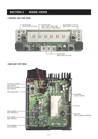 SECTION 2                   INSIDE VIEWS

• CONTROL UNIT (TOP VIEW)


                       Key back light          LCD back light                Key back light
                       (DS14, DS15: LN1371G)    DS1-3, DS7-9: SML-010MT      (DS16, DS17: LN1371G)
                                                DS4-6, DS10-12: SML-020MLT




                                                                     Key back light
                                                                     (DS15, DS18: LN1371G)




• MAIN UNIT (TOP VIEW)




VHF RX Pre amplifier
(Q33: 3SK272)
UHF RX Pre amplifier
(Q24: 3SK274)
VHF low-pass filter
VHF low-pass filter
                                                                                             AF amplifier
                                                                                             (IC2012: LA4445)




                                                                                             VCO unit



Power amplifier
(Q27: RD70HVF1)
                                                                                             Main CPU
                                                                                             (IC2013: HD64F2144AFA20)
Drive amplifier
(Q25: 2SK3075)




TX pre-amplifier
Drive amplifier
(Q16: 2SK2854)
(Q25: 2SK3075)




                                                       2-1
 