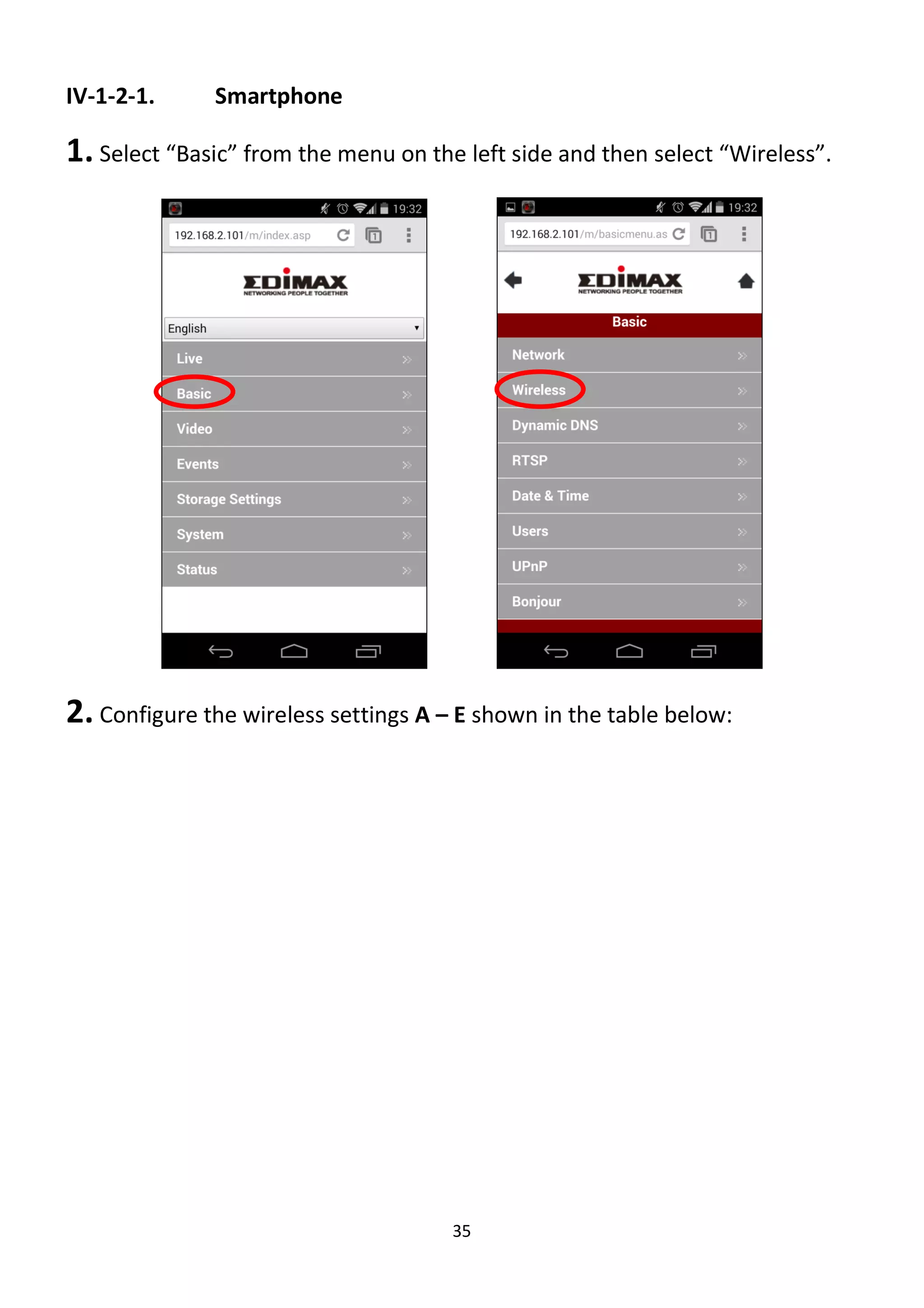 35
IV-1-2-1. Smartphone
1. Select “Basic” from the menu on the left side and then select “Wireless”.
2. Configure the wireless settings A – E shown in the table below:
 