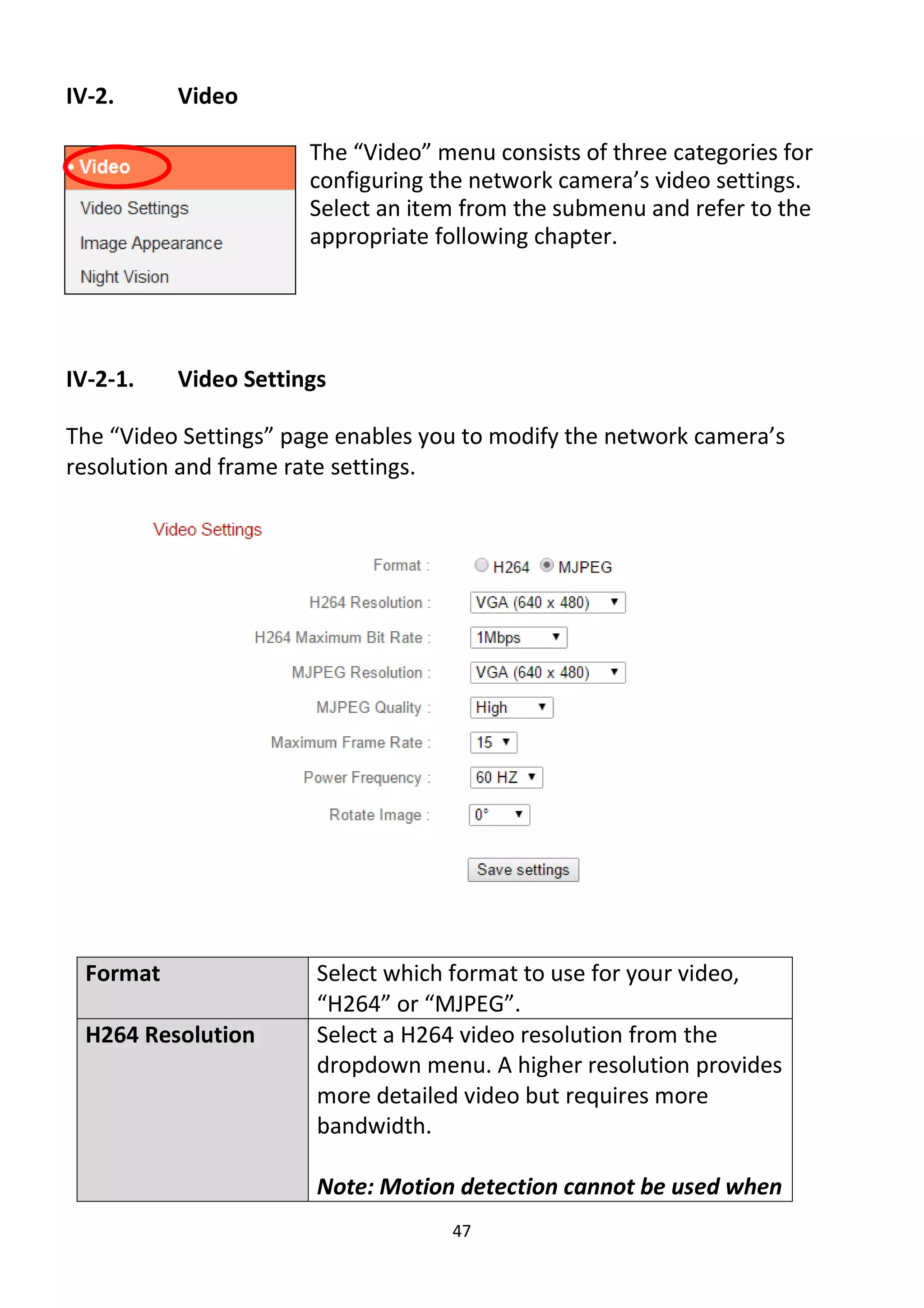 47
IV-2. Video
The “Video” menu consists of three categories for
configuring the network camera’s video settings.
Select an item from the submenu and refer to the
appropriate following chapter.
IV-2-1. Video Settings
The “Video Settings” page enables you to modify the network camera’s
resolution and frame rate settings.
Format Select which format to use for your video,
“H264” or “MJPEG”.
H264 Resolution Select a H264 video resolution from the
dropdown menu. A higher resolution provides
more detailed video but requires more
bandwidth.
Note: Motion detection cannot be used when
 