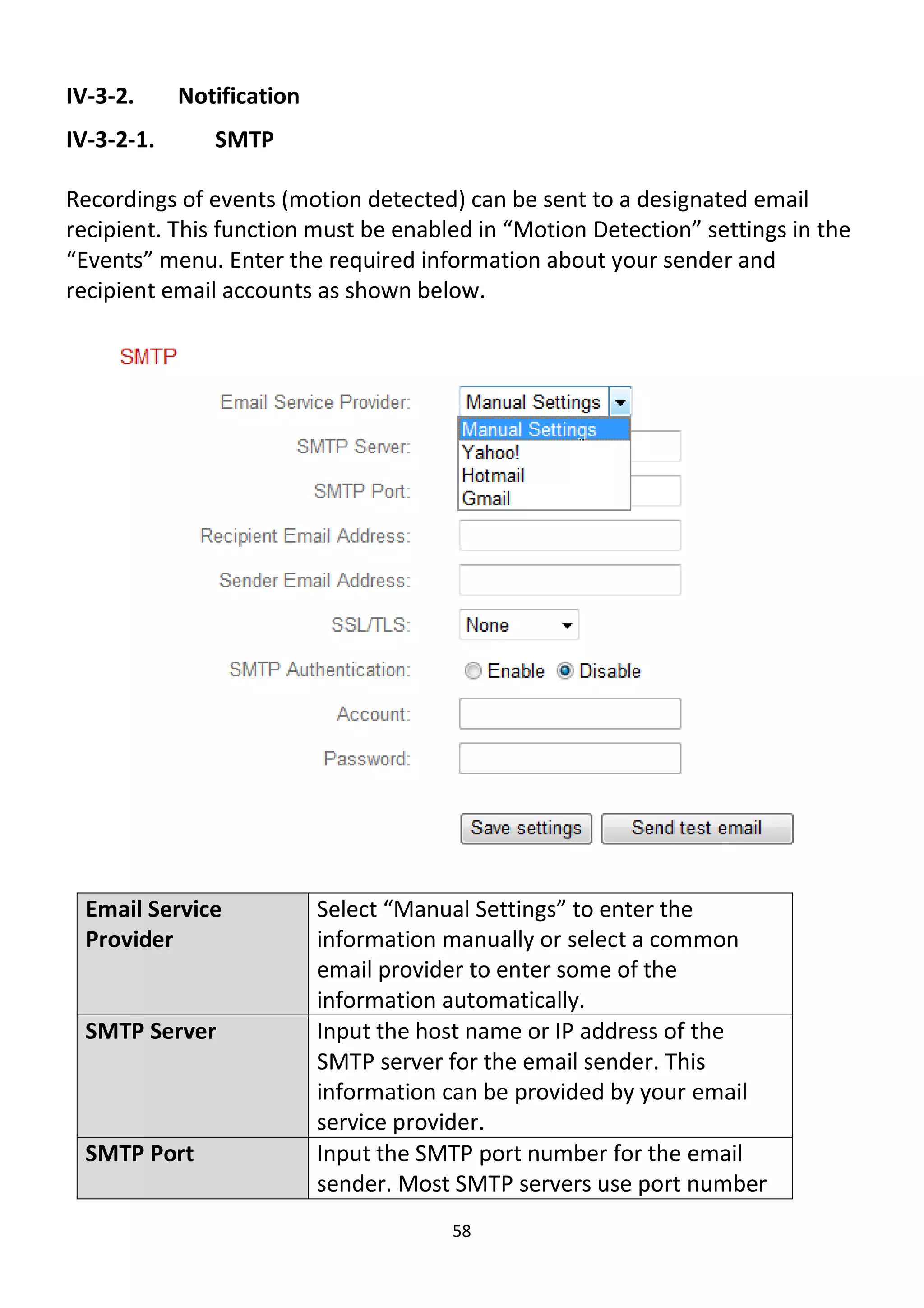 58
IV-3-2. Notification
IV-3-2-1. SMTP
Recordings of events (motion detected) can be sent to a designated email
recipient. This function must be enabled in “Motion Detection” settings in the
“Events” menu. Enter the required information about your sender and
recipient email accounts as shown below.
Email Service
Provider
Select “Manual Settings” to enter the
information manually or select a common
email provider to enter some of the
information automatically.
SMTP Server Input the host name or IP address of the
SMTP server for the email sender. This
information can be provided by your email
service provider.
SMTP Port Input the SMTP port number for the email
sender. Most SMTP servers use port number
 
