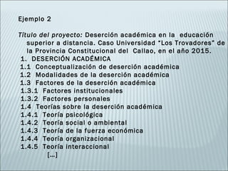 Ejemplo 2
 
Título del proyecto: Deserción académica en la educación
    superior a distancia. Caso Universidad “Los Trovadores” de
    la Provincia Constitucional del Callao, en el año 2015.
  1. DESERCIÓN ACADÉMICA
  1.1 Conceptualización de deserción académica
  1.2 Modalidades de la deserción académica
  1.3 Factores de la deserción académica
  1.3.1 Factores institucionales
  1.3.2 Factores personales
  1.4 Teorías sobre la deserción académica
  1.4.1 Teoría psicológica
  1.4.2 Teoría social o ambiental
  1.4.3 Teoría de la fuerza económica
  1.4.4 Teoría organizacional
  1.4.5 Teoría interaccional
          […]
 