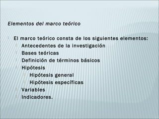 Elementos del marco teórico

   El marco teórico consta de los siguientes elementos:
      Antecedentes de la investigación

      Bases teóricas

      Definición de términos básicos

      Hipótesis

         Hipótesis general

         Hipótesis específicas

      Variables

      Indicadores.
 
 