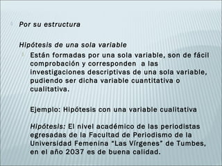    Por su estructura

    Hipótesis de una sola variable
      Están formadas por una sola variable, son de fácil
       comprobación y corresponden a las
       investigaciones descriptivas de una sola variable,
       pudiendo ser dicha variable cuantitativa o
       cualitativa.

       Ejemplo: Hipótesis con una variable cualitativa

       Hipótesis: El nivel académico de las periodistas
       egresadas de la Facultad de Periodismo de la
       Universidad Femenina “Las Vírgenes” de Tumbes,
       en el año 2037 es de buena calidad.
 
