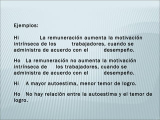 Ejemplos:

Hi        La remuneración aumenta la motivación
intrínseca de los    trabajadores, cuando se
administra de acuerdo con el     desempeño.

Ho La remuneración no aumenta la motivación
intrínseca de   los trabajadores, cuando se
administra de acuerdo con el       desempeño.

Hi   A mayor autoestima, menor temor de logro.

Ho No hay relación entre la autoestima y el temor de
logro.
 