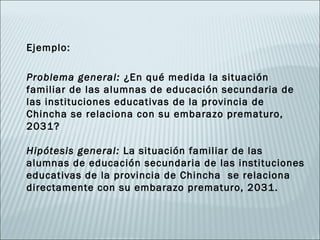 Ejemplo:

Problema general: ¿En qué medida la situación
familiar de las alumnas de educación secundaria de
las instituciones educativas de la provincia de
Chincha se relaciona con su embarazo prematuro,
2031?

Hipótesis general: La situación familiar de las
alumnas de educación secundaria de las instituciones
educativas de la provincia de Chincha se relaciona
directamente con su embarazo prematuro, 2031.
 