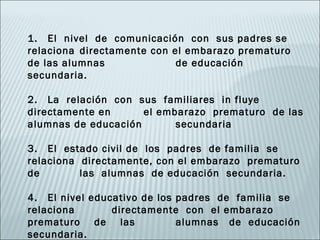 1. El nivel de comunicación con sus padres se
relaciona directamente con el embarazo prematuro
de las alumnas              de educación
secundaria.

2. La relación con sus familiares in fluye
directamente en      el embarazo prematuro de las
alumnas de educación       secundaria

3. El estado civil de los padres de familia se
relaciona directamente, con el embarazo prematuro
de        las alumnas de educación secundaria.

4. El nivel educativo de los padres de familia se
relaciona       directamente con el embarazo
prematuro de las             alumnas de educación
secundaria.
 