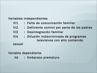 Variables   independientes
   Vi1      : Falta de comunicación familiar
   Vi2      : Deficiente control por parte de los padres
   Vi3      : Desintegración familiar
   Vi4      : Difusión indiscriminada de programas
                    televisivos con alto contenido
   sexual

Variable dependiente
    Vd    : Embarazo prematuro
 