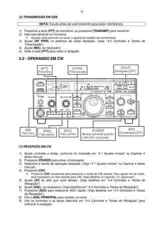 31
(2) TRANSMISSÃO EM SSB

               NOTA: Escute antes de você transmitir para evitar interferência.

1) Pressione a tecla [PTT] do microfone, ou pressione [TRANSMIT] para transmitir.
2) Fale naturalmente no microfone.
     •   Quando você transmitir um sinal, a agulha do medidor se movimentará.
3) Ajuste [RF PWR] na potência de saída desejada. (Veja “4-5 Controles e Teclas de
   Transmissão”).
4) Ajuste [MIC], se necessário.
5) Solte a tecla [PTT] para voltar à recepção.

5.2 - OPERANDO EM CW




(1) RECEPÇÃO EM CW

1) Ajuste controles e teclas, conforme foi mostrado em “4-1 Ajustes Iniciais” no Capítulo 4
   deste manual.
2) Pressione [POWER] para ativar o transceptor.
3) Selecione a banda de operação desejada. (Veja “4-1 Ajustes Iniciais” no Capítulo 4 deste
   manual).
4) Pressione [CW].
     •   Pressione [CW] novamente para selecionar o modo de CW estreito. Para operar em tal modo,
         será necessário um filtro estreito para CW. (Veja detalhes no Capítulo “13. Opcionais”).
5) Ajuste [AF] do jeito que você desejar. (Veja detalhes em “4-4 Controles e Teclas de
   Recepção”).
6) Ajuste [SQL], se necessário. (Veja detalhes em “4-4 Controles e Teclas de Recepção”).
7) Pressione [AGC] para selecionar AGC rápido. (Veja detalhes em “4-4 Controles e Teclas
   de Recepção”).
8) Gire o DIAL PRINCIPAL para receber um sinal.
9) Use os controles e as teclas descritos em “4-4 Controles e Teclas de Recepção” para
   melhorar a recepção.
 