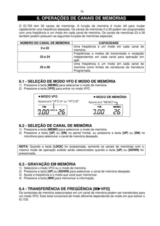 36

              6. OPERAÇÕES DE CANAIS DE MEMÓRIAS
O IC-725 tem 26 canais de memórias. A função de memória é muito útil para mudar
rapidamente uma freqüência desejada. Os canais de memórias 0 a 26 podem ser programados
com uma freqüência e um modo em cada canal de memória. Os canais de memórias 23 a 26
também podem possuem as seguintes funções de memórias especiais:

NÚMERO DO CANAL DE MEMÓRIA                              CAPACIDADE
                                        Uma freqüência e um modo em cada canal de
                 0 a 22
                                        memória.
                                        Freqüências e modos de transmissão e recepção
                23 e 24                 independentes em cada canal para operação em
                                        split.
                                        Uma freqüência e um modo em cada canal de
                25 e 26                 memória como limites de varreduras da Varredura
                                        Programada.


6.1 - SELEÇÃO DE MODO VFO E MODO DE MEMÓRIA
1) Pressione a tecla [MEMO] para selecionar o modo de memória.
2) Pressione a tecla [VFO] para entrar no modo VFO.




6.2 - SELEÇÃO DE CANAL DE MEMÓRIA
1) Pressione a tecla [MEMO] para selecionar o modo de memória.
2) Pressione a tecla [UP] ou [DN] no painel frontal, ou pressione a tecla [UP] ou [DN] no
   microfone para selecionar o canal de memória desejado.


NOTA: Quando a tecla [LOCK] for pressionada, somente os canais de memórias com o
mesmo modo de operação exibido serão selecionados quando a tecla [UP] ou [DOWN] for
pressionada.


6.3 - GRAVAÇÃO EM MEMÓRIA
1)   Selecione o modo VFO ou o modo de memória.
2)   Pressione a tecla [UP] ou [DOWN] para selecionar o canal de memória desejado.
3)   Ajuste a freqüência e o modo que você quer memorizar.
4)   Pressione a tecla [MW] para memorizar a informação.


6.4 - TRANSFERÊNCIA DE FREQÜÊNCIA [M VFO]
Os conteúdos de memória selecionados em um canal de memória podem ser transferidos para
um modo VFO. Esta tecla funcionará de modo diferente dependendo do modo em que estiver o
IC-725.
 