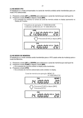 37
(1) NO MODO VFO
A freqüência e o modo armazenados no canal de memória exibido serão transferidos para um
modo VFO selecionado.

1) Pressione a tecla [UP] ou [DOWN] para selecionar o canal de memória que você quer ler.
2) Pressione a tecla [FUNC] e depois a tecla [MW].
     • Os conteúdos de memória no número do canal de memória exibido no display aparecerão no
       Display de Funções.




(2) NO MODO DE MEMÓRIA
A freqüência e o modo exibidos serão transferidos para o VFO usado antes da mudança para o
modo de Memória.

1) Pressione a tecla [UP] ou [DOWN] para selecionar o canal de memória que você quer ler.
2) Pressione a tecla [FUNC] e depois a tecla [MW].
     • Os conteúdos da memória exibida no display serão transferidos.
3) Pressione a tecla [VFO].
     • Os conteúdos da memória selecionados serão exibidos no display.
 