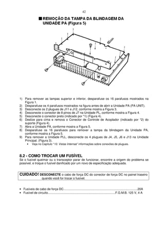 42




1) Para remover as tampas superior e inferior, desparafuse os 16 parafusos mostrados na
   Figura 1.
2) Desparafuse os 4 parafusos mostrados na figura antes de abrir a Unidade PA (PA UNIT).
3) Desconecte os 2 plugues de J11 e J12, conforme mostra a Figura 3.
4) Desconecte o conector de 8 pinos de J7 na Unidade PL, conforme mostra a Figura 4.
5) Desconecte o conector preto (indicado por *1) (Figura 4).
6) Deslize para cima e remova o Conector de Controle de Acoplador (indicado por *2) do
   suporte (Figura 4).
7) Abra a Unidade PA, conforme mostra a Figura 5.
8) Desparafuse os 16 parafusos para remover a tampa da blindagem da Unidade PA,
   conforme mostra a Figura 5.
9) Para remover a Unidade PLL, desconecte os 4 plugues de J4, J5, J6 e J13 na Unidade
   Principal. (Figura 3).
       •    Veja no Capítulo “10. Vistas Internas” informações sobre conexões de plugues.



8.2 - COMO TROCAR UM FUSÍVEL
Se o fusível queimar ou o transceptor parar de funcionar, encontre a origem do problema se
possível, e troque o fusível danificado por um novo de especificação adequada.


CUIDADO! DESCONECTE o cabo de força DC do conector de força DC no painel traseiro
                     quando você for trocar o fusível.


• Fusíveis de cabo de força DC........................................................................................20A
• Fusível de circuito................................................................................F.G.M.B. 125 V, 4 A
 