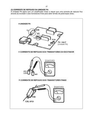 47
(2) CORRENTE DE REPOUSO DA UNIDADE PA
A Unidade PA opera com um amplificador linear e requer que uma corrente de repouso flua
através do excitador e dos transistores finais para obter tensão de polarização (bias).
 