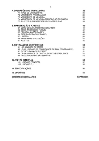 5
7. OPERAÇÕES DE VARREDURAS                                       38
     7.1 TIPOS DE VARREDURAS                                     38
     7.2 VARREDURA PROGRAMADA                                    38
     7.3 VARREDURA DE MEMÓRIA                                    38
     7.4 VARREDURA DE MEMÓRIA EM MODO SELECIONADO                39
     7.5 AJUSTES SUPLEMENTARES DE VARREDURAS                     39

8. MANUTENÇÃO E AJUSTES                                          40
     8.1 COMO DESMONTAR O TRANSCEPTOR                            40
     8.2 COMO TROCAR UM FUSÍVEL                                  42
     8.3 REINICIALIZAÇÃO DA CPU                                  43
     8.4 BATERIA DE BACKUP DA CPU                                44
     8.5 LIMPEZA                                                 44
     8.6 PROBLEMAS E SOLUÇÕES                                    44
     8.7 AJUSTES                                                 46

9. INSTALAÇÕES DE OPCIONAIS                                      50
     9.1 UI-7: UNIDADE DE AM/FM                                  50
     9.2 UT-30: UNIDADE DE CODIFICADOR DE TOM PROGRAMÁVEL        51
     9.3 FILTROS PARA CW ESTREITO                                51
     9.4 CR-64: UNIDADE DE CRISTAL DE ALTA ESTABILIDADE          52
     9.5 MB-23: ALÇA PARA TRANSPORTE                             53

10. VISTAS INTERNAS                                              52
     10.1 UNIDADE PRINCIPAL                                      52
     10.2 UNIDADE PLL                                            55

11. ESPECIFICAÇÕES                                               56

12. OPCIONAIS                                                    58

DIAGRAMA ESQUEMÁTICO                                        (SEPARADO)
 