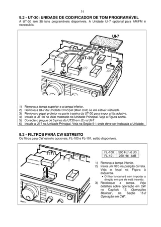 51
9.2 - UT-30: UNIDADE DE CODIFICADOR DE TOM PROGRAMÁVEL
A UT-30 tem 38 tons programáveis disponíveis. A Unidade UI-7 opcional para AM/FM é
necessária.




1)   Remova a tampa superior e a tampa inferior.
2)   Remova a UI-7 da Unidade Principal (Main Unit) se ela estiver instalada.
3)   Remova o papel protetor na parte traseira da UT-30 para expor a fita adesiva.
4)   Instale a UT-30 no local mostrado na Unidade Principal. Veja a Figura acima.
5)   Conecte o plugue de 3 pinos da UT30 em J2 na UI-7
6)   Instale a UI-7 na Unidade Principal. Veja na Seção 9-1 onde deve ser instalada a Unidade.


9.3 - FILTROS PARA CW ESTREITO
Os filtros para CW estreito opcionais, FL-100 e FL-101, estão disponíveis.



                                                                FL-100       500 Hz/ -6 dB
                                                                FL-101       250 Hz/ -6dB

                                                         1) Remova a tampa inferior.
                                                         2) Insira um filtro na posição correta.
                                                            Veja o local na Figura à
                                                            esquerda.
                                                              • O filtro funcionará sem importar a
                                                                direção em que ele está inserido.
                                                         3) Recoloque    a    tampa.  Veja
                                                            detalhes sobre operação em CW
                                                            no Capítulo “5. Operações
                                                            Básicas”,   na     Seção   “5-2
                                                            Operação em CW”.
 