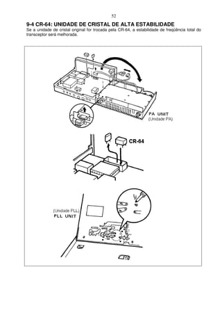52
9-4 CR-64: UNIDADE DE CRISTAL DE ALTA ESTABILIDADE
Se a unidade de cristal original for trocada pela CR-64, a estabilidade de freqüência total do
transceptor será melhorada.
 