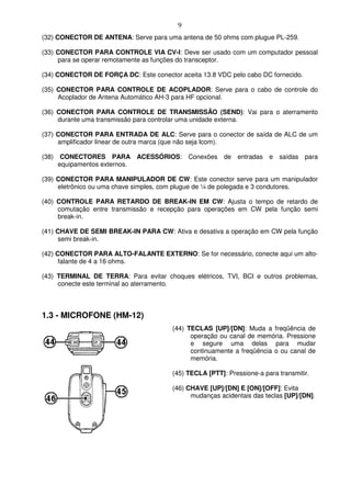 9
(32) CONECTOR DE ANTENA: Serve para uma antena de 50 ohms com plugue PL-259.

(33) CONECTOR PARA CONTROLE VIA CV-I: Deve ser usado com um computador pessoal
     para se operar remotamente as funções do transceptor.

(34) CONECTOR DE FORÇA DC: Este conector aceita 13.8 VDC pelo cabo DC fornecido.

(35) CONECTOR PARA CONTROLE DE ACOPLADOR: Serve para o cabo de controle do
     Acoplador de Antena Automático AH-3 para HF opcional.

(36) CONECTOR PARA CONTROLE DE TRANSMISSÃO (SEND): Vai para o aterramento
     durante uma transmissão para controlar uma unidade externa.

(37) CONECTOR PARA ENTRADA DE ALC: Serve para o conector de saída de ALC de um
     amplificador linear de outra marca (que não seja Icom).

(38) CONECTORES PARA ACESSÓRIOS: Conexões de entradas e saídas para
     equipamentos externos.

(39) CONECTOR PARA MANIPULADOR DE CW: Este conector serve para um manipulador
     eletrônico ou uma chave simples, com plugue de ¼ de polegada e 3 condutores.

(40) CONTROLE PARA RETARDO DE BREAK-IN EM CW: Ajusta o tempo de retardo de
     comutação entre transmissão e recepção para operações em CW pela função semi
     break-in.

(41) CHAVE DE SEMI BREAK-IN PARA CW: Ativa e desativa a operação em CW pela função
      semi break-in.

(42) CONECTOR PARA ALTO-FALANTE EXTERNO: Se for necessário, conecte aqui um alto-
      falante de 4 a 16 ohms.

(43) TERMINAL DE TERRA: Para evitar choques elétricos, TVI, BCI e outros problemas,
     conecte este terminal ao aterramento.



1.3 - MICROFONE (HM-12)
                                        (44) TECLAS [UP]/[DN]: Muda a freqüência de
                                              operação ou canal de memória. Pressione
                                              e segure uma delas para mudar
                                              continuamente a freqüência o ou canal de
                                              memória.

                                        (45) TECLA [PTT]: Pressione-a para transmitir.

                                        (46) CHAVE [UP]/[DN] E [ON]/[OFF]: Evita
                                              mudanças acidentais das teclas [UP]/[DN].
 