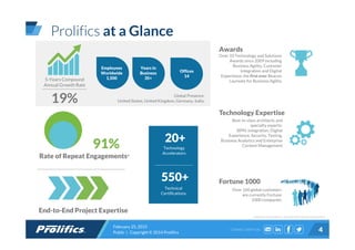 CONNECT WITH US:
February 25, 2015
Public | Copyright © 2014 Prolifics 4
5-Years Compound
Annual Growth Rate
19%
Employees
Worldwide
1,500
Global Presence
United States, United Kingdom, Germany, India
20+
Technology
Accelerators
550+
Technical
Certifications
Over 10 Technology and Solutions
Awards since 2009 including
Business Agility, Customer
Integration and Digital
Experience, the first ever Beacon
Laureate for Business Agility
Over 160 global customers
are currently Fortune
1000 companies
Best-in-class architects and
specialty experts:
BPM, Integration, Digital
Experience, Security, Testing,
Business Analytics and Enterprise
Content Management
End-to-End Project Expertise
Rate of Repeat Engagements*
91%
Prolifics at a Glance
Years in
Business
35+
Offices
14
Awards
Technology Expertise
Fortune 1000
*based on% revenueSource– December 2013 internalrevenuemetrics
 