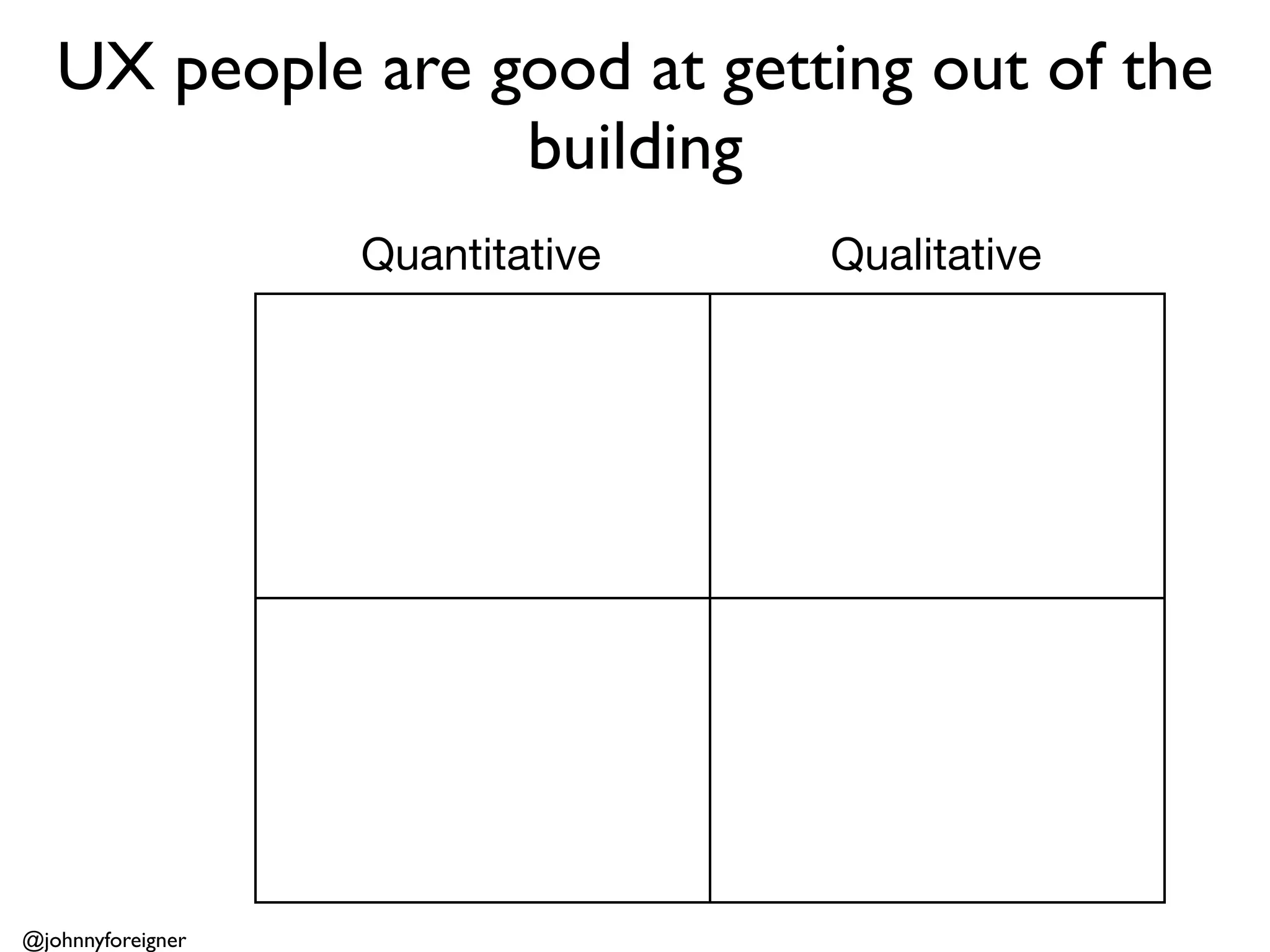UX people are good at getting out of the
                  building
                   Quantitative   Qualitative




@johnnyforeigner
 