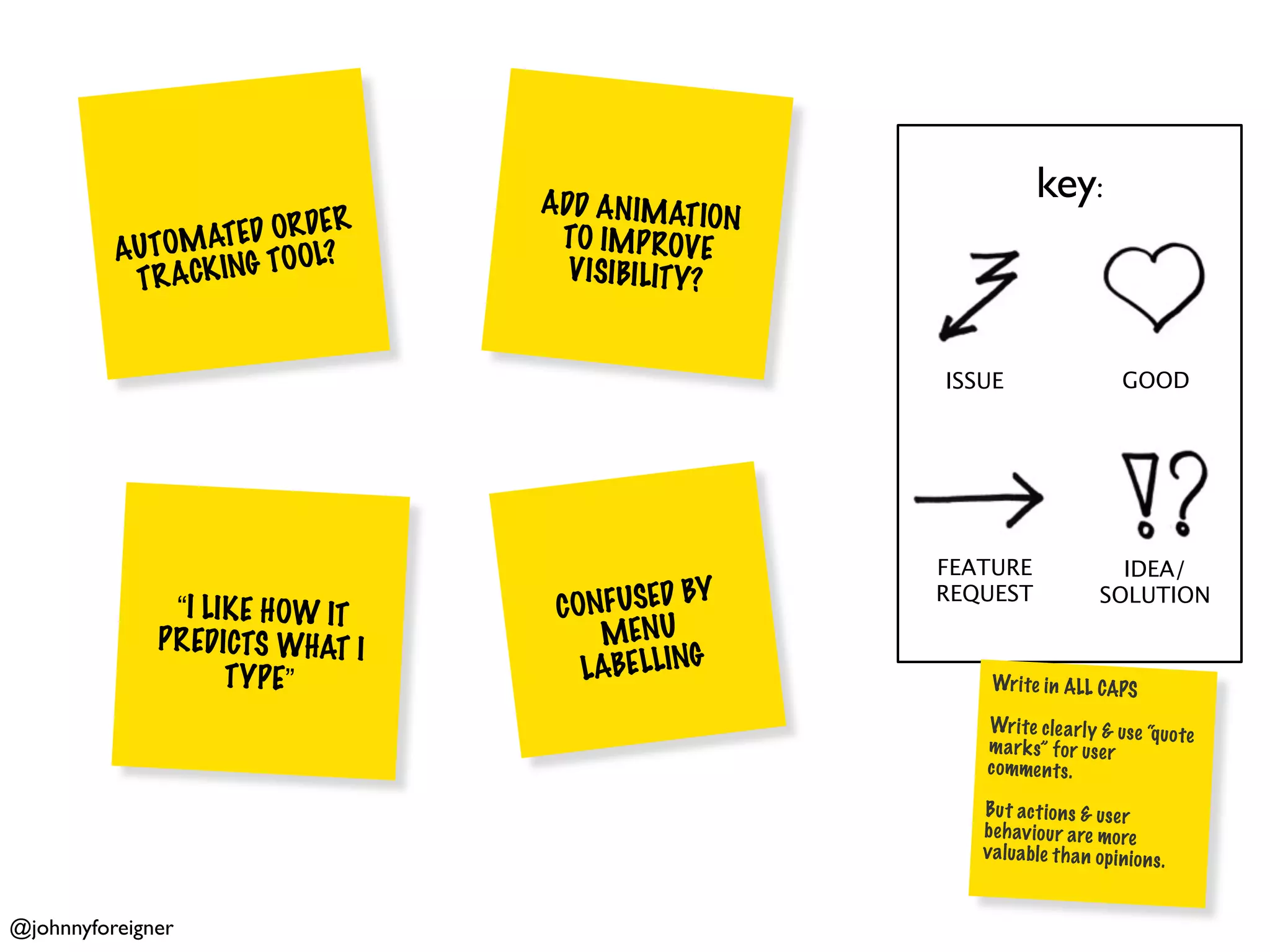 ADD AN IMATIO
                                                                   key:
                          ER                        N
                 ATED ORD
          AUTOM G TOOL?             TO IM P ROVE
           T R ACK IN                V ISI BI LITY?


                                                        ISSUE                    GOOD




                                                        FEATURE                 IDEA/
                                               BY
                                    CONFUSED
                                                        REQUEST               SOLUTION
                “I LIK E H OW IT
              P R EDICTS WHAT I        MENU
                     TY P E”          LABE LLING            Wri te in ALL CAPS

                                                           Wri te clea rl y & us e “q uo te
                                                           m ar ks” fo r us er
                                                           commen ts .

                                                           Bu t ac ti on s & us er
                                                           be havi ou r are more
                                                           va lu able th an op in io ns .


@johnnyforeigner
 