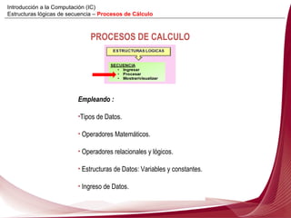 Empleando :  Tipos de Datos. Operadores Matemáticos. Operadores relacionales y lógicos. Estructuras de Datos: Variables y constantes. Ingreso de Datos. PROCESOS DE CALCULO Introducción a la Computación (IC) Estructuras lógicas de secuencia –  Procesos de Cálculo 