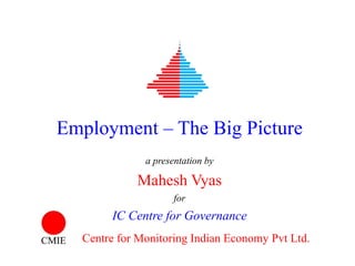 Centre for Monitoring Indian Economy Pvt Ltd.
Consumer Pyramids
India’s Largest
Survey of Households
Employment – The Big Picture
a presentation by
Mahesh Vyas
for
IC Centre for Governance
 