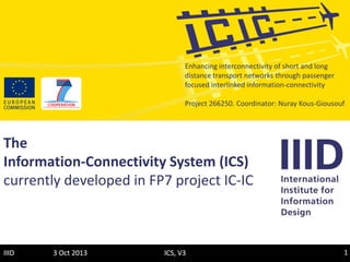 3 Oct 2013 1ICS, V3IIID
The
Information-Connectivity System (ICS)
currently developed in FP7 project IC-IC
Enhancing interconnectivity of short and long
distance transport networks through passenger
focused interlinked information-connectivity
Project 266250. Coordinator: Nuray Kous-Giousouf
 