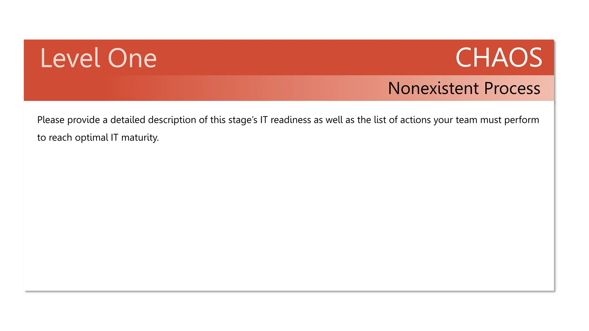 CHAOS
Nonexistent Process
Please provide a detailed description of this stage’s IT readiness as well as the list of actions your team must perform
to reach optimal IT maturity.
 
