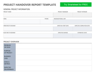 PROJECT HANDOVER REPORT TEMPLATE
GENERAL PROJECT INFORMATION
PROJECT NAME PROJECT MANAGER PROJECT SPONSOR
EMAIL PHONE ORGANIZATIONAL UNIT
GREEN BELTS ASSIGNED EXPECTED START DATE EXPECTED COMPLETION DATE
BLACK BELTS ASSIGNED EXPECTED SAVINGS ESTIMATED COSTS
PROJECT OVERVIEW
PROBLEM
OR ISSUE
PURPOSE
OF PROJECT
BUSINESS
CASE
GOALS /
METRICS
EXPECTED
DELIVERABLES
 