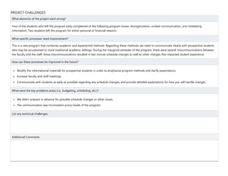 PROJECT CHALLENGES
What elements of the project went wrong?
Four of the students who left the program early complained of the following program issues: disorganization, unclear communication, and misleading
information. Two students left the program for either personal or financial reasons.
What specific processes need improvement?
This is a new program that combines academic and experiential methods. Regarding these methods, we need to communicate clearly with prospective students
who may be accustomed to more traditional academic settings. During the inaugural semester of the program, there were several miscommunications between
the faculty and the staff; these miscommunications resulted in last-minute schedule changes as well as other changes that impacted student experience.
How can these processes be improved in the future?
 Modify the informational materials for prospective students in order to emphasize program methods and clarify expectations.
 Increase faculty and staff meetings.
 Communicate with students as early as possible regarding any schedule changes, and provide detailed explanations for how you will handle changes.
What were the key problems areas (i.e., budgeting, scheduling, etc.)?
 We didn’t prepare in advance for possible schedule changes or other issues.
 The communication was inconsistent across levels of the program.
List any technical challenges.
Additional Comments
 