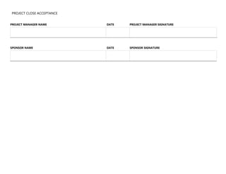 PROJECT CLOSE ACCEPTANCE
PROJECT MANAGER NAME DATE PROJECT MANAGER SIGNATURE
SPONSOR NAME DATE SPONSOR SIGNATURE
 