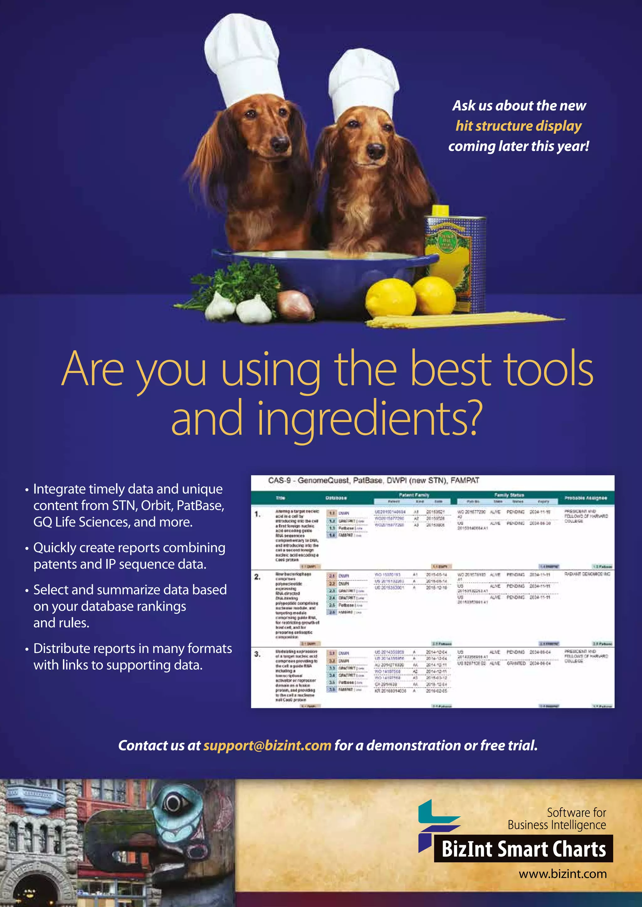 Are you using the best tools
and ingredients?
Contact us at support@bizint.com for a demonstration or free trial.
• Integrate timely data and unique
content from STN, Orbit, PatBase,
GQ Life Sciences, and more.
• Quickly create reports combining
patents and IP sequence data.
• Select and summarize data based
on your database rankings
and rules.
• Distribute reports in many formats
with links to supporting data.
Ask us about the new
hit structure display
coming later this year!
www.bizint.com
 